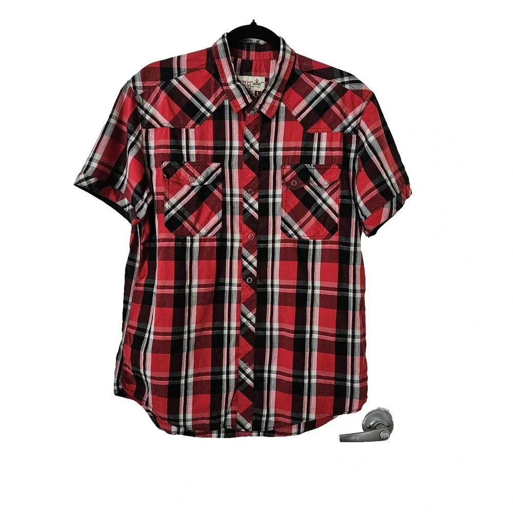 JNCO Men's Red‎ & Black Western Style Plaid Shirt Size L Short Sleeve